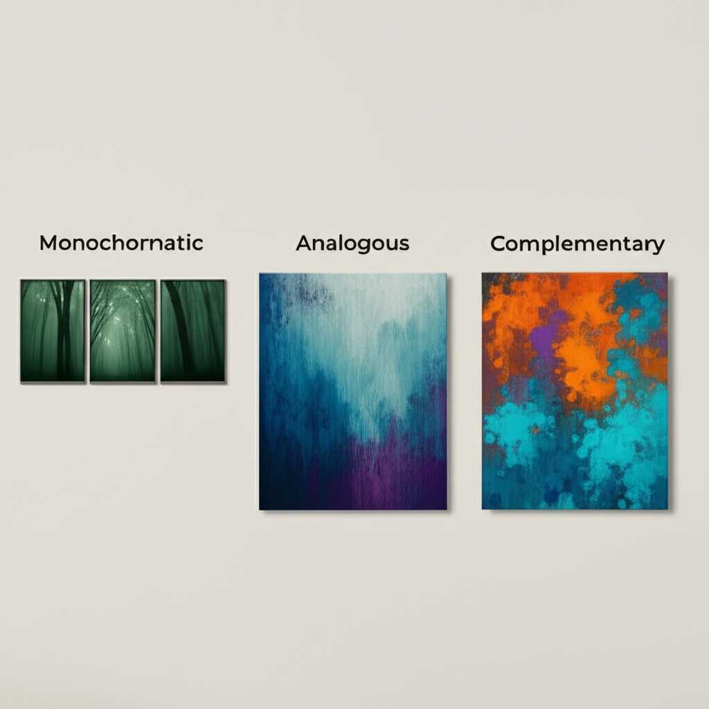 An infographic-style image showing three small gallery wall examples, each demonstrating a color theory principle: monochromatic (shades of green), analogous (blue-green-purple), and complementary (teal and orange).