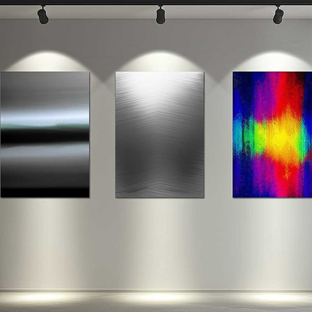 Art gallery-like home setting with track lighting perfectly illuminating several metal prints, showcasing how light enhances texture/gloss.