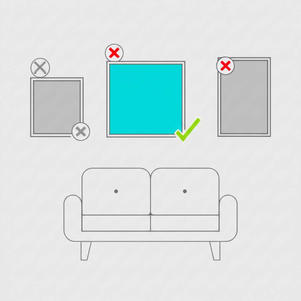 An illustration showing a sofa with three different sized art pieces floating above it. The one that is two-thirds the sofa's width is highlighted in green with a checkmark, while the too-small and too-large options are marked with a red X.