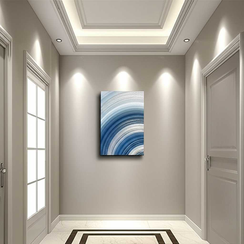 Sleek metal print enhancing a modern minimalist hallway