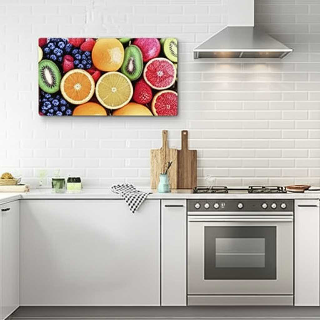 Modern kitchen with a sleek metal print of vibrant fruits, showcasing its suitability for a stylish, clean environment