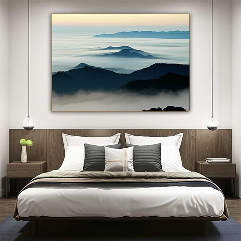 A serene bedroom setting with a beautiful landscape metal print hanging above the headboard, creating a peaceful and inviting atmosphere.