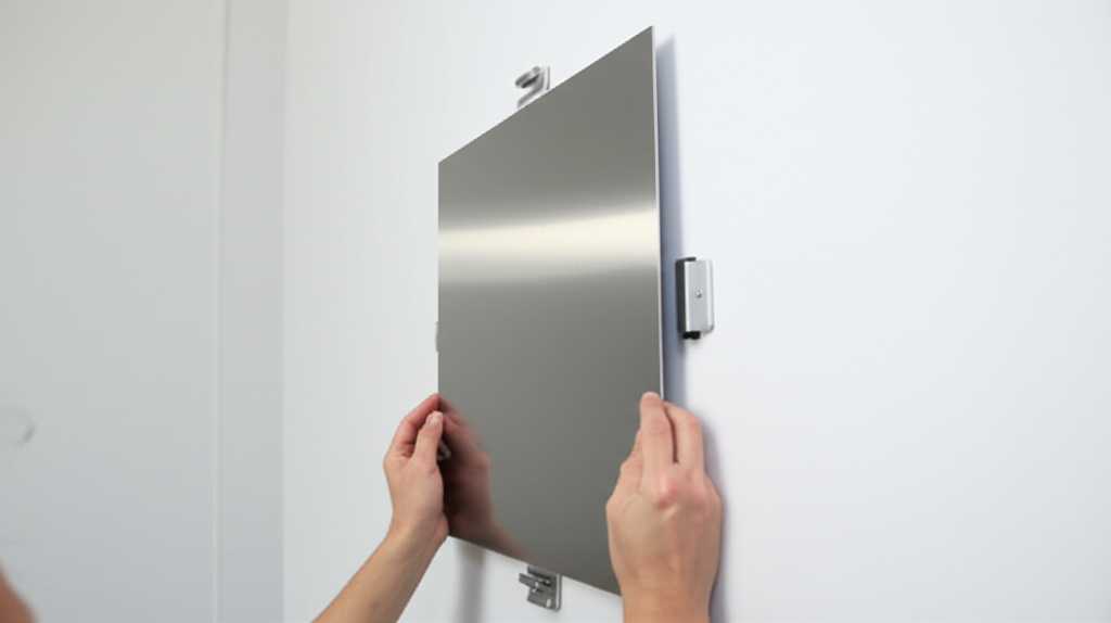 A close-up shot of hands carefully placing a metal print onto a wall-mounted magnetic hanging system. The process looks simple, clean, and damage-free.
