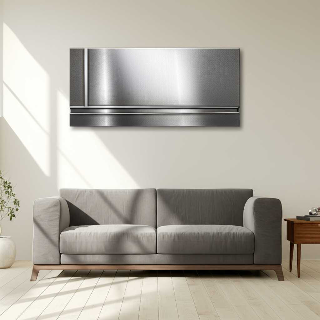A serene, minimalist living room with soft, neutral tones and a single, large abstract metal art piece with subtle textures hanging above a modern sofa.