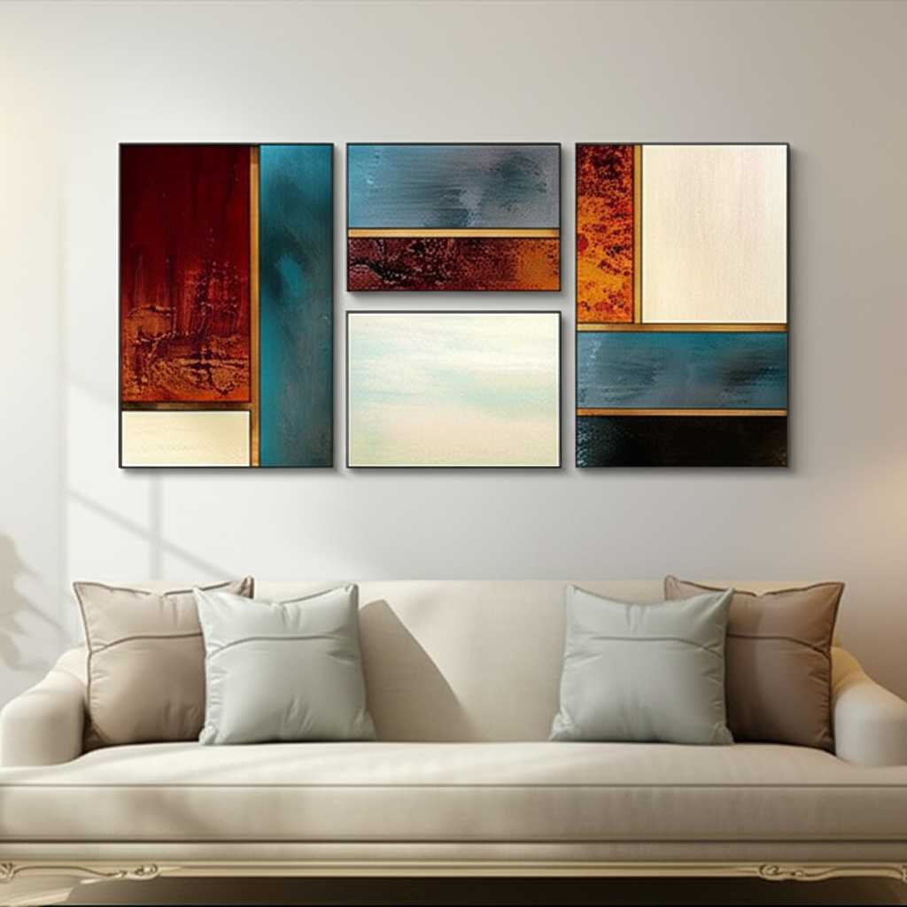 Stunningly arranged metal prints in a modern living room, showcasing dynamic composition and vibrant colors.
