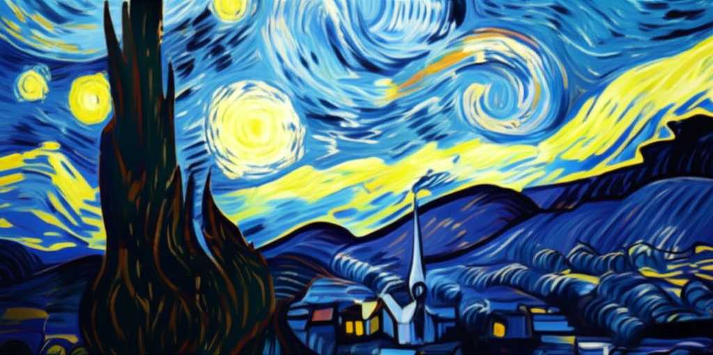 A classic painting (e.g., Van Gogh's Starry Night, generic representation) conceptually shown as if printed on a modern metal panel, highlighting a new way to view old masters.