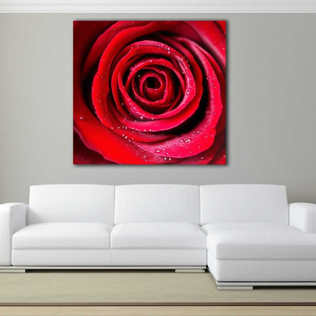 A sophisticated living room with neutral gray walls and a cream-colored sofa. Above the sofa hangs a stunning metal print of a single, brilliant red poppy, its color so vibrant it acts as the only major color source in the room.