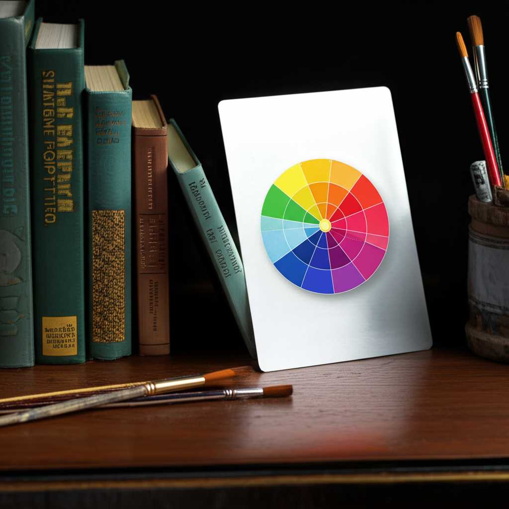 Alt: A collection of art history books and color wheels alongside a small, abstract metal print on a desk, symbolizing art education.