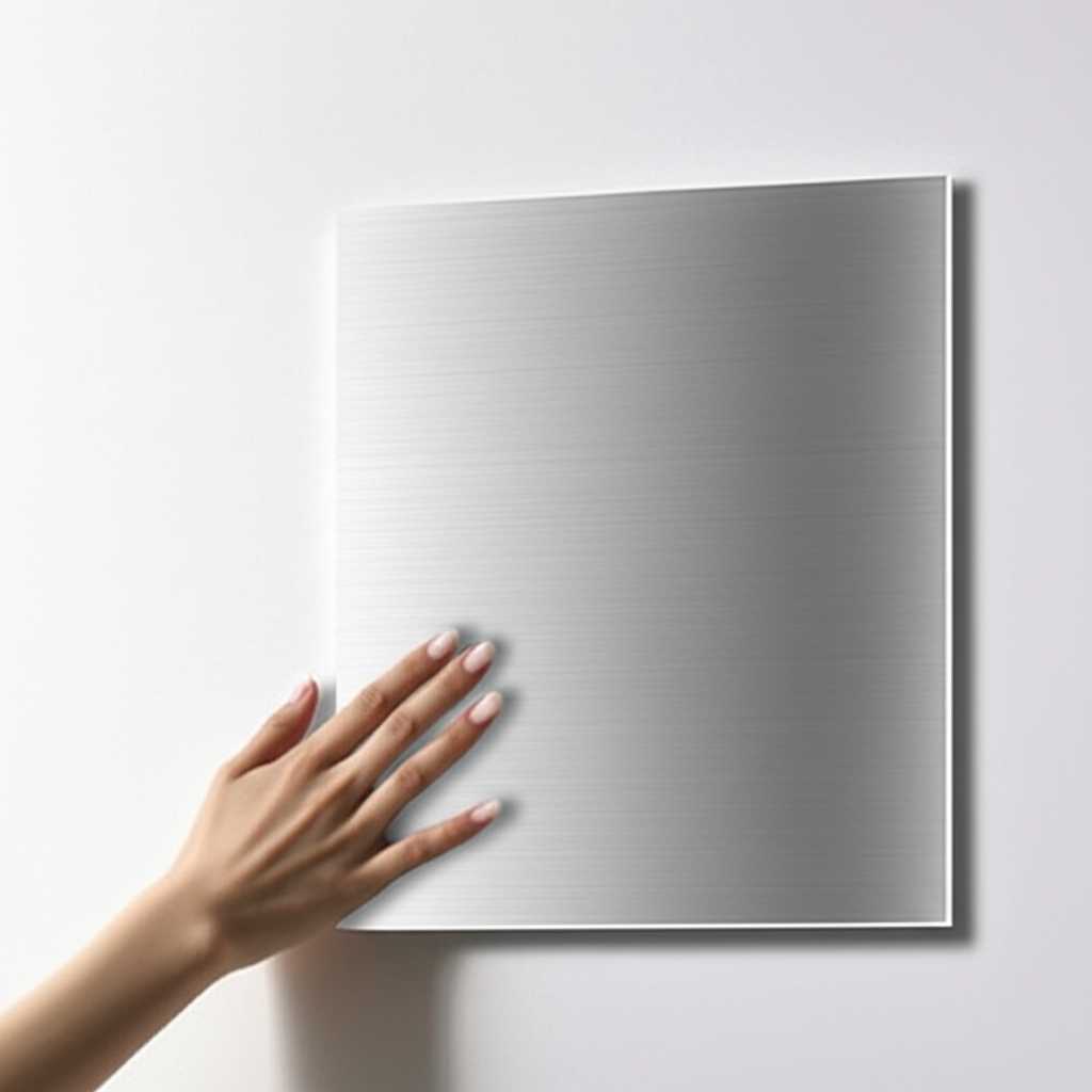 Conceptual image of a hand effortlessly placing a metal print with a hidden, easy mounting system onto a wall