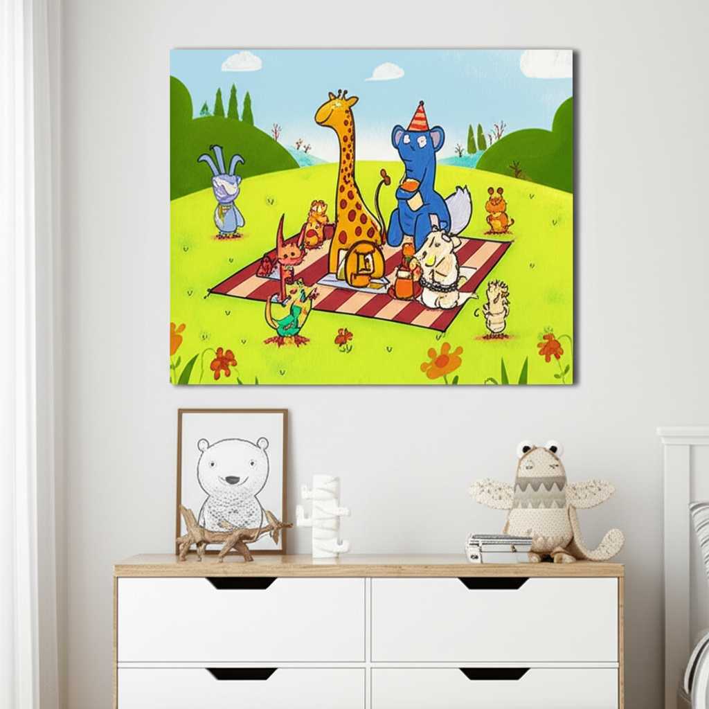 A beautifully designed, modern child's bedroom. A colorful, whimsical generic animal illustration printed on metal is safely and securely mounted high on the wall, above a dresser, serving as a vibrant decorative and educational element.