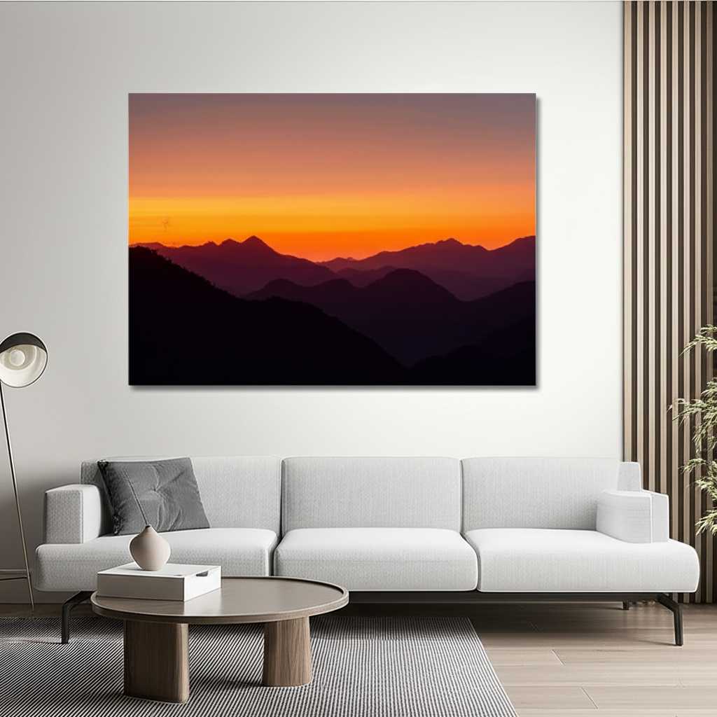 A beautifully lit modern living room with a large, striking, generically depicted metal print featuring a vibrant landscape as a focal point above a minimalist sofa.