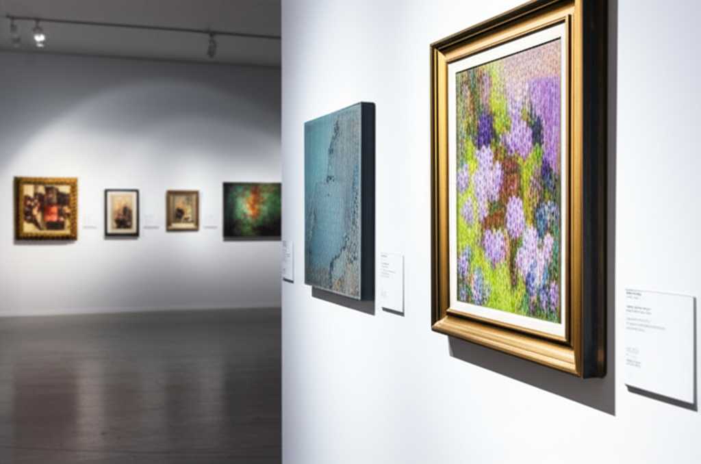 Stylized gallery wall with Impressionist art prints, one subtly hinting at a metallic sheen