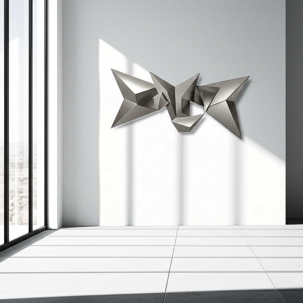 Abstract geometric metal wall art casting intricate shadows in a modern, minimalist living room.