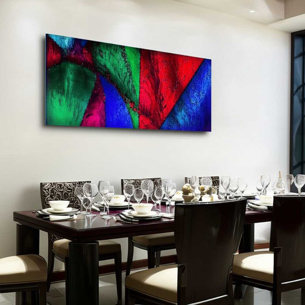 Elegant dining room with vibrant metal print
