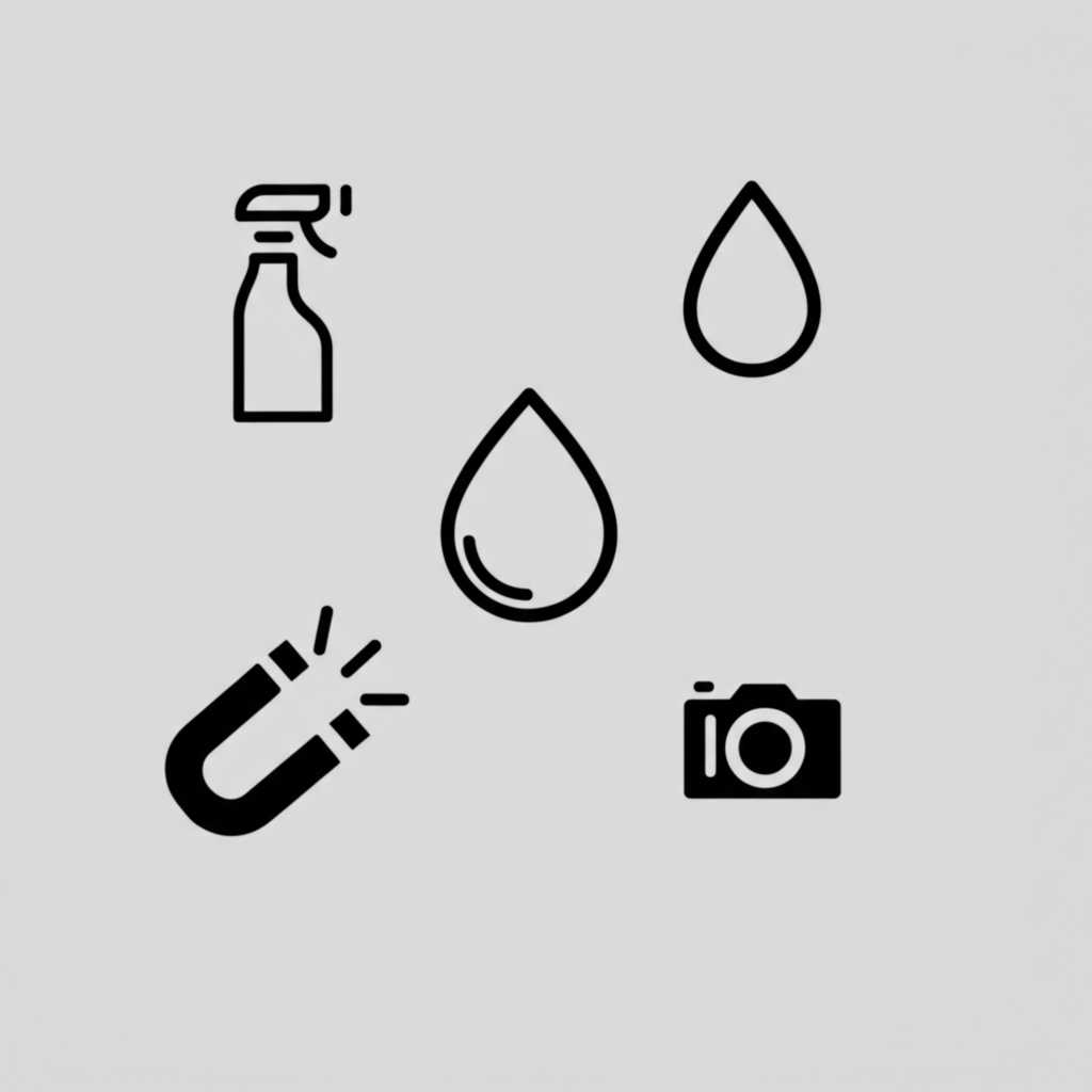 A collage of small icons representing common questions: a cleaning spray bottle, a water droplet (humidity), a magnet (mounting), a lightbulb (lighting), and a camera (photos).