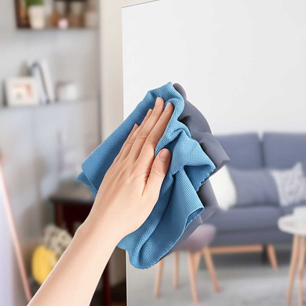 A soft microfiber cloth gently wiping the surface of a sleek, glossy metal print hanging on a wall
