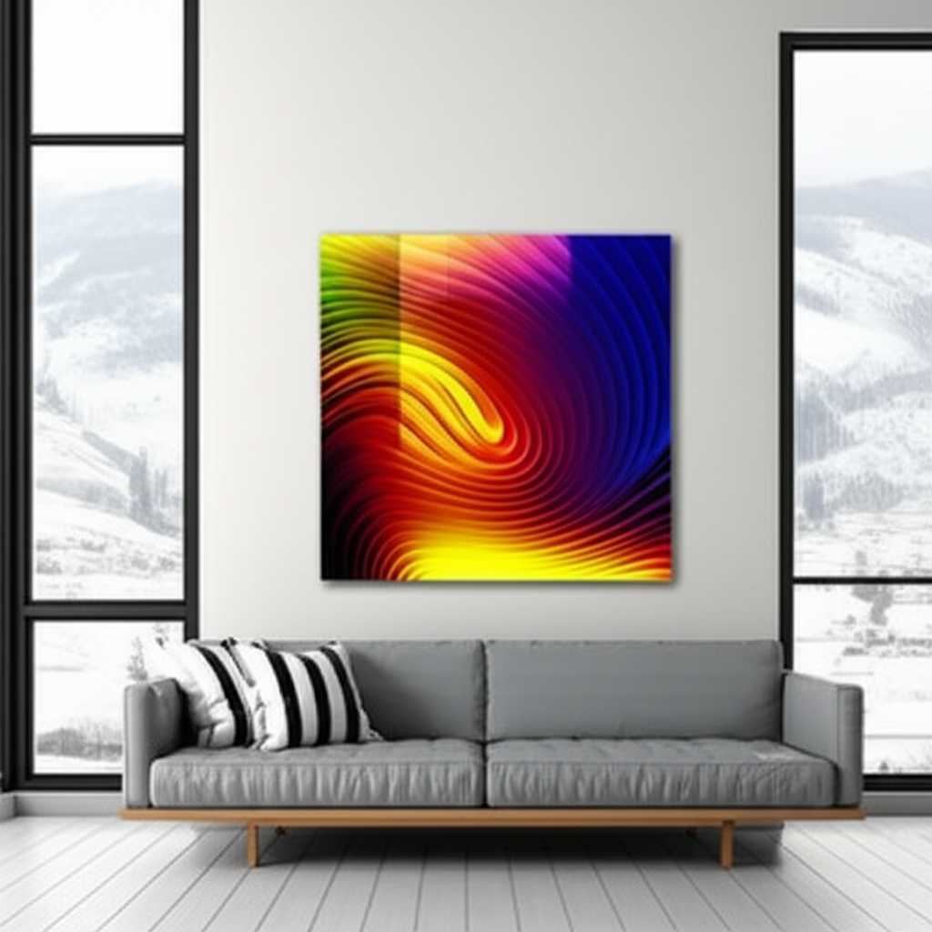 A generic, sleek metal art piece with vibrant abstract colors hanging in a sunlit, modern living room, reflecting light beautifully.