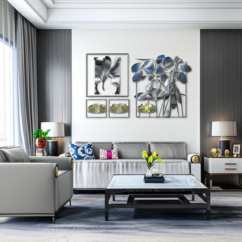 Alt: A beautifully curated living room wall featuring a collection of metal art prints of various sizes, expertly arranged and illuminated.