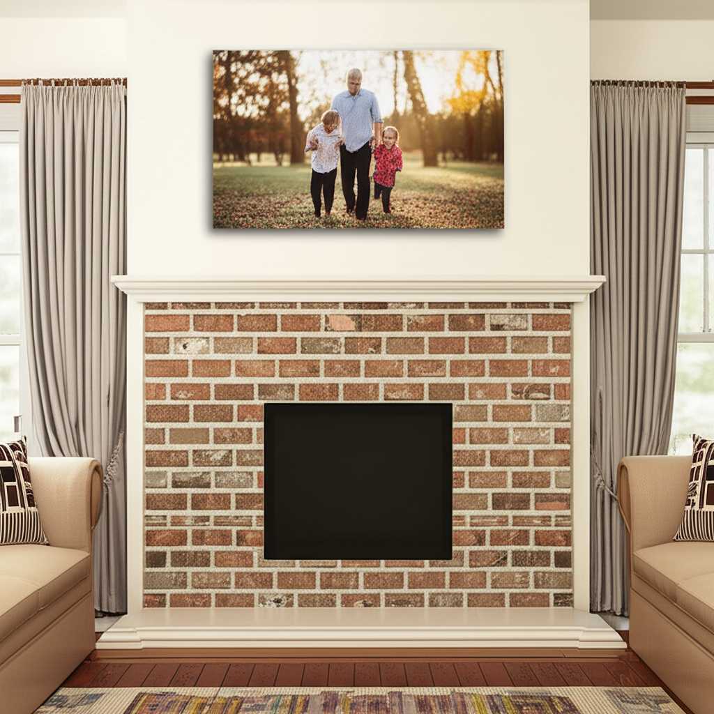 A large family photo printed on metal hanging above the fireplace in a cozy, stylish living room.