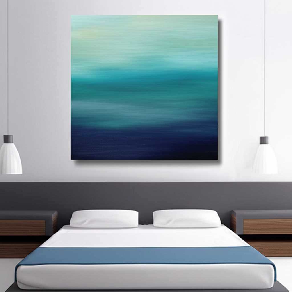 A serene, minimalist bedroom with a large metal print of a tranquil seascape in blues and greens hanging above the bed.