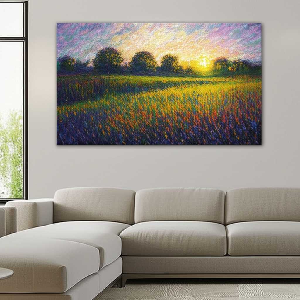 A beautifully decorated, modern living room featuring a large, generic Impressionist-style landscape on a metal print as the focal point above a sleek sofa. Soft, ambient lighting enhances the artwork.