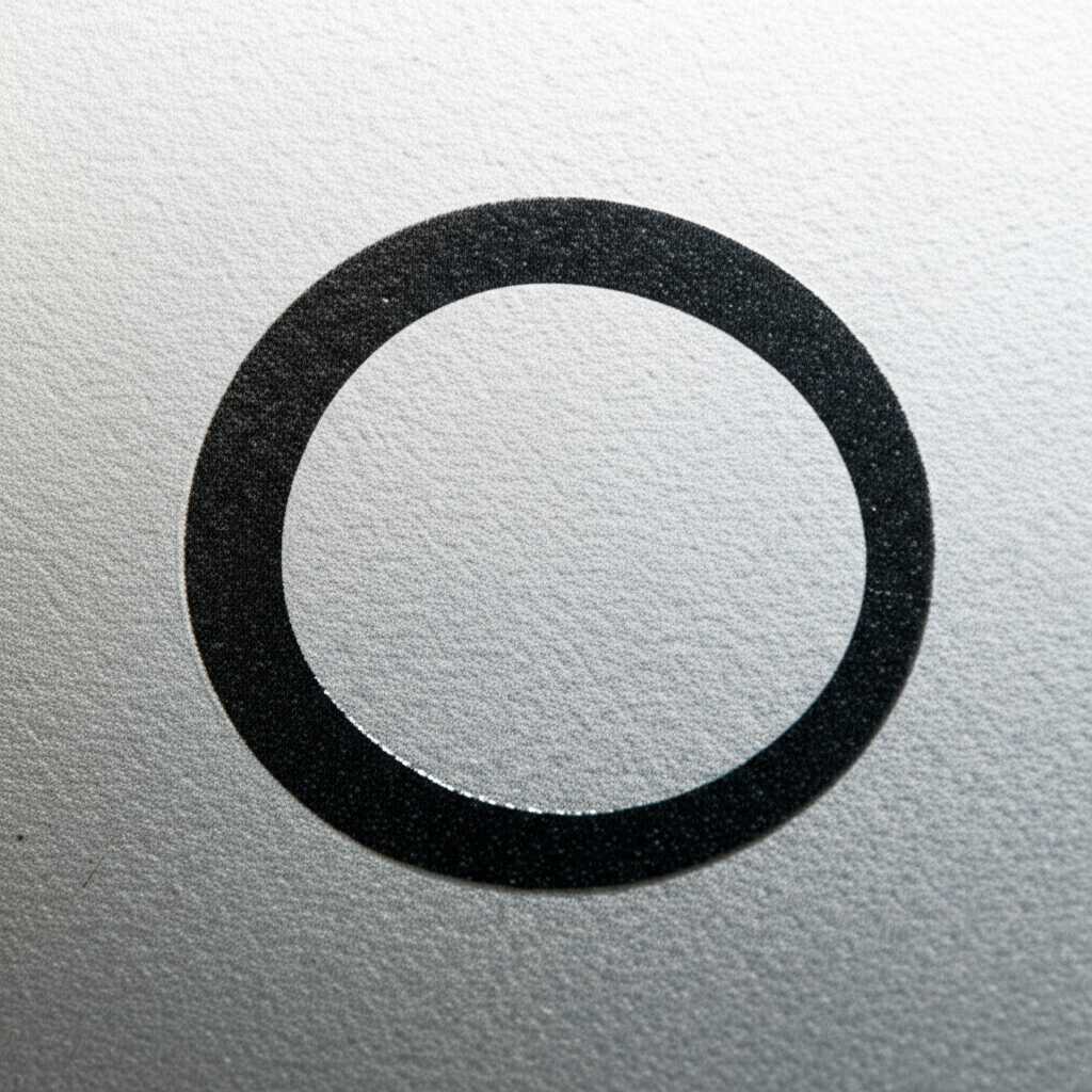 An abstract, Zen-inspired metal art piece with a textured surface. The art features a single, elegant black circle on a silver-grey background, reminiscent of an Enso circle in Japanese calligraphy. The texture catches the light, creating a dynamic visual effect.