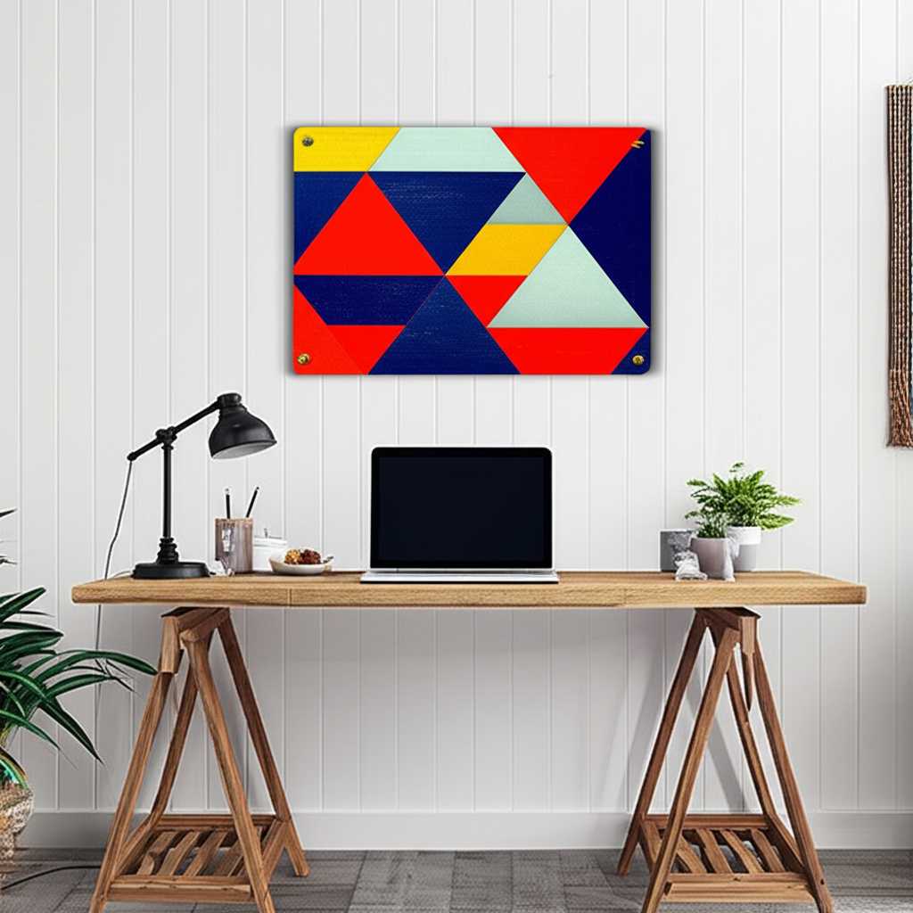 A modern home office with a bold, colorful geometric abstract metal print hanging on the wall behind a sleek desk.