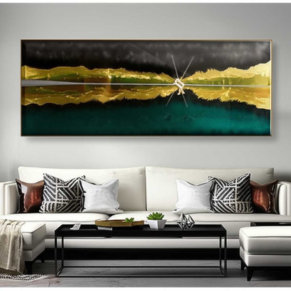 Modern living room with a large, vibrant abstract metal art piece as a focal point above a sofa.