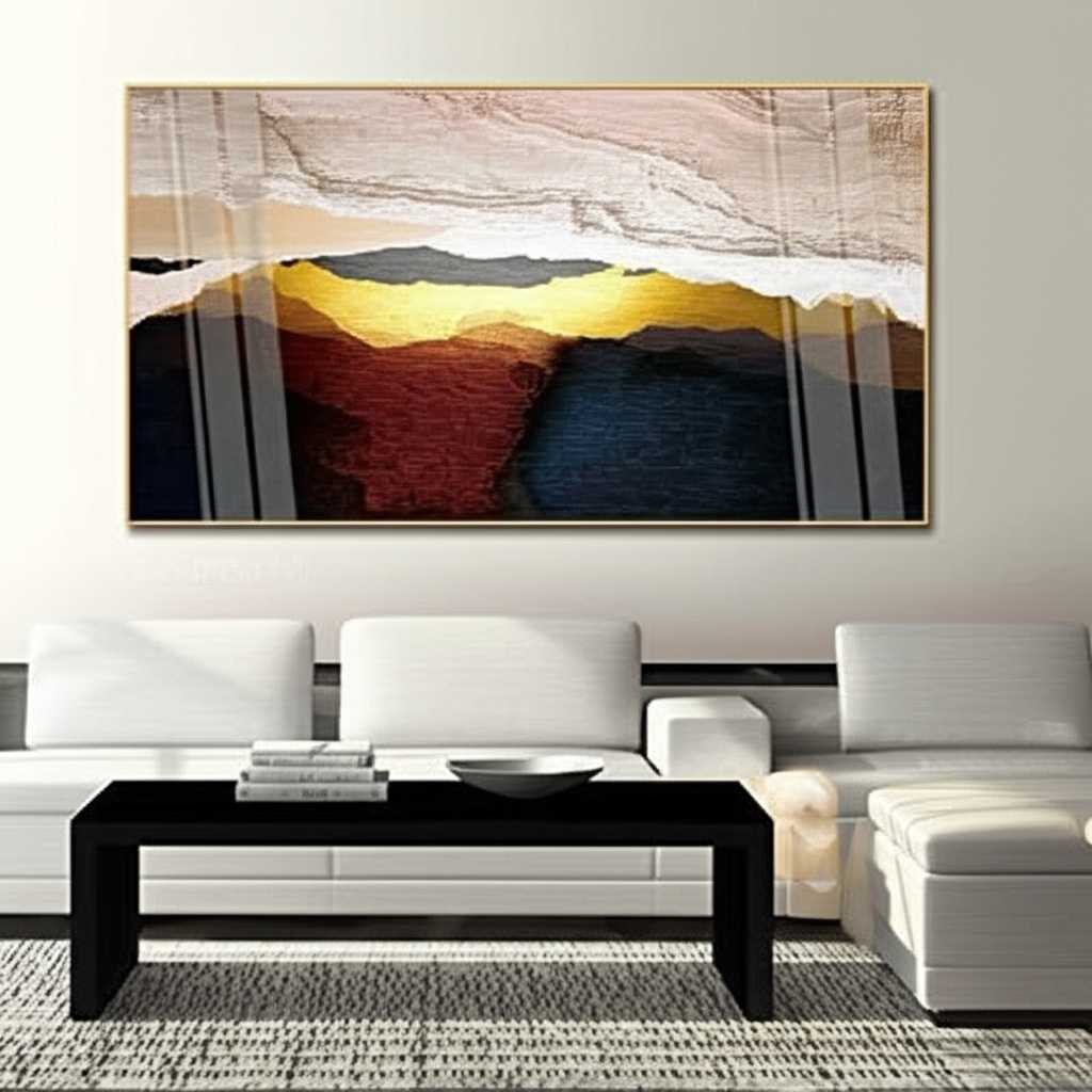 Alt: A stylish living room with a large metal art print perfectly centered above a sofa, demonstrating ideal placement.