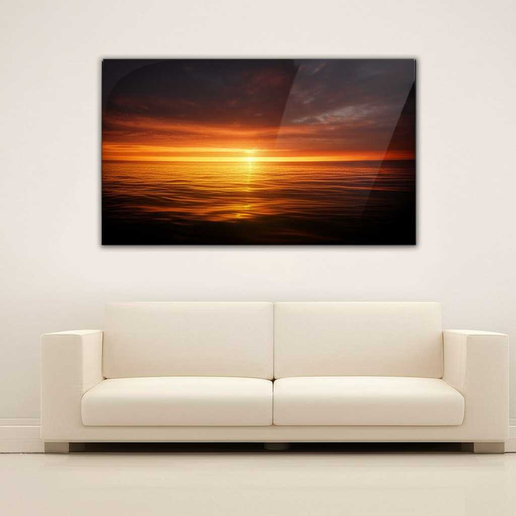 A single, large horizontal metal print of a dramatic seascape hanging above a minimalist sofa.