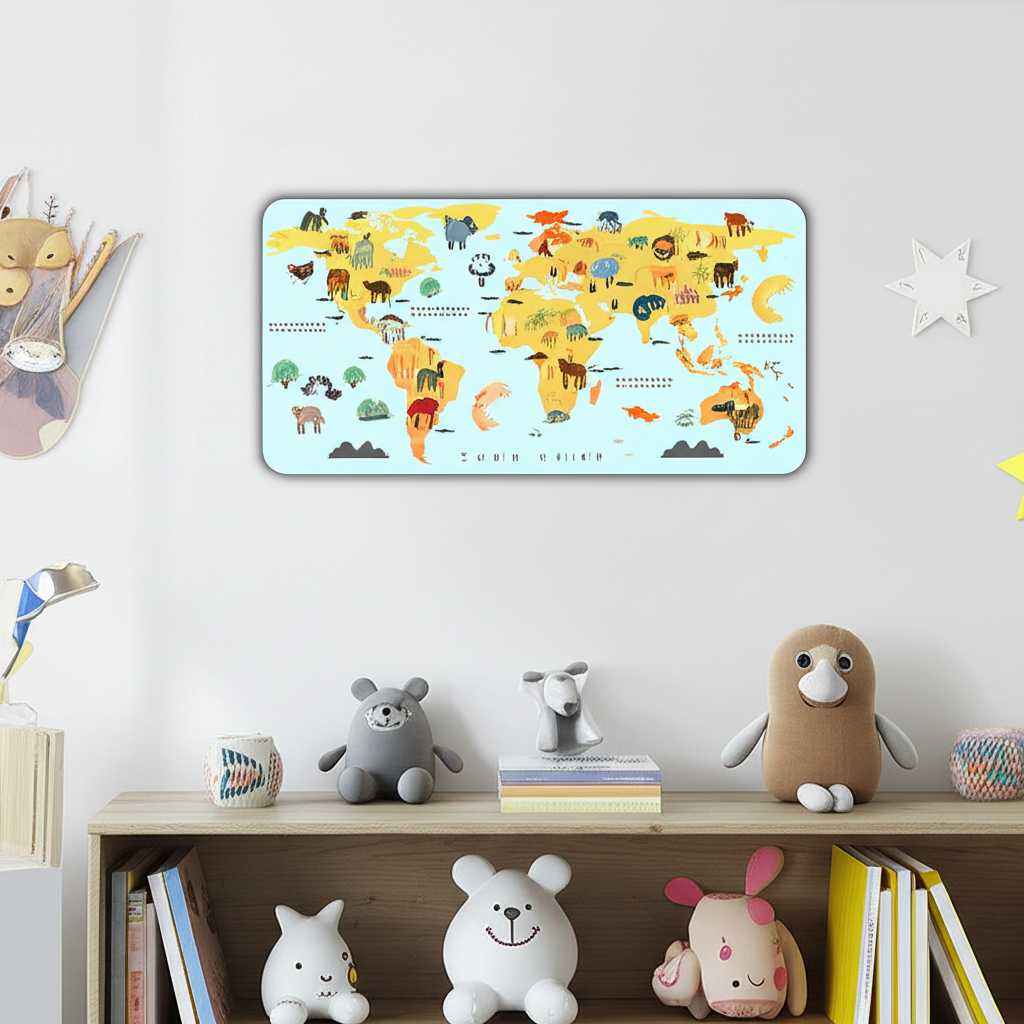 A colorful and educational metal print safely displayed on a child's bedroom wall, out of reach.