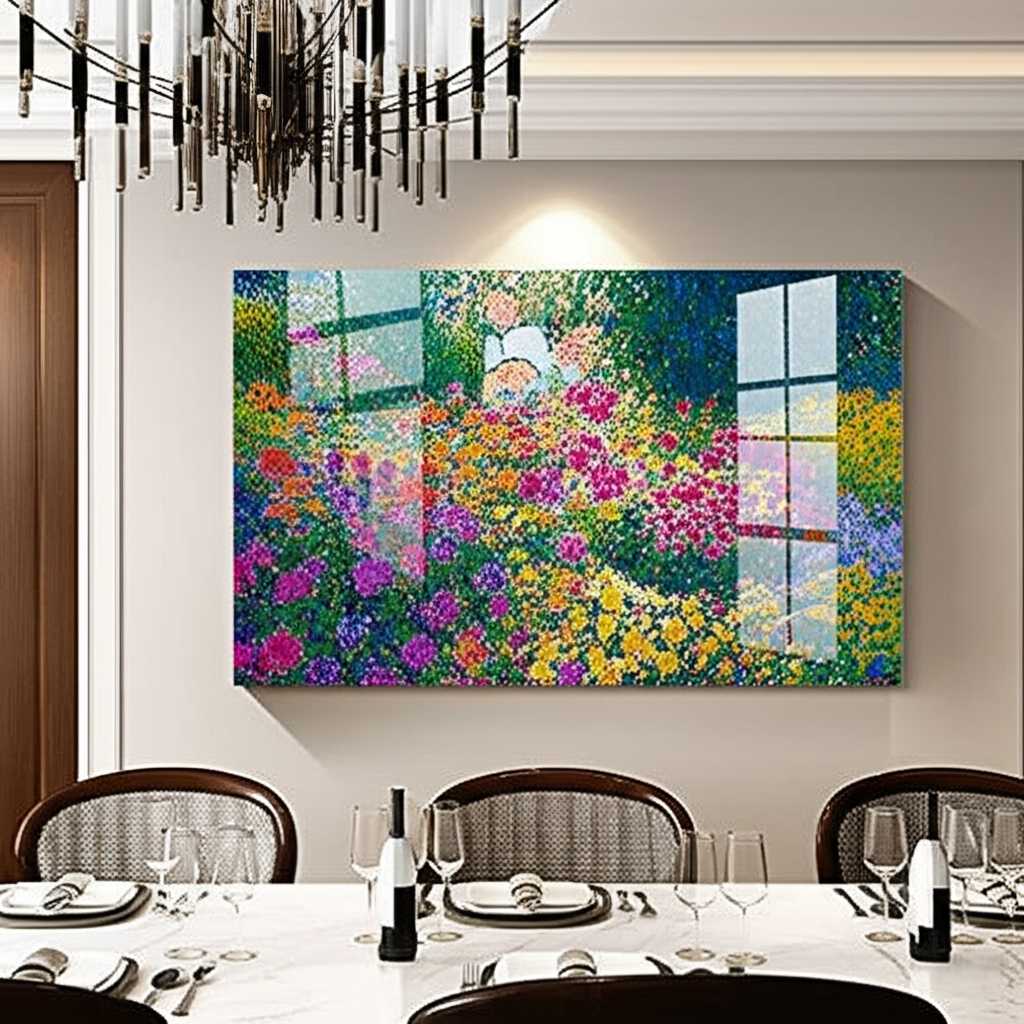 A beautifully styled modern dining room with an Impressionist metal art piece depicting a lively garden scene on the main wall. Soft lighting enhances the print's colors and gloss.