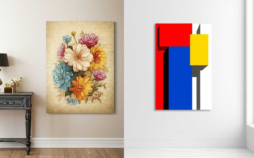 A split-image composition. The left side shows a classic living room with a floral canvas print over a traditional wooden mantel. The right side shows a modern, minimalist living room with a sleek, vibrant abstract metal print floating on a clean white wall.