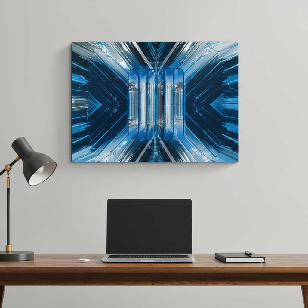 An inspiring metal print in a sleek home office setup.