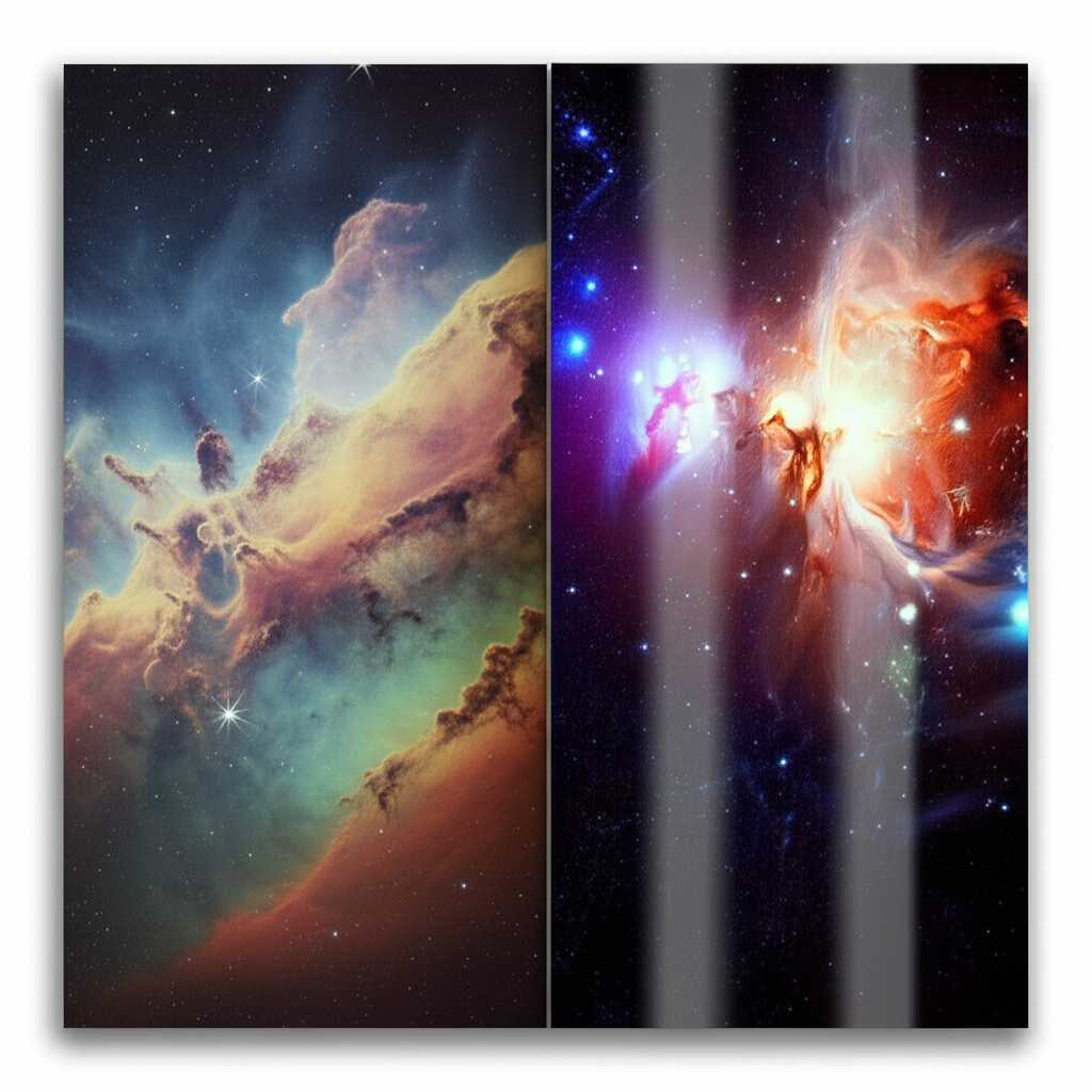 A split-screen style image comparing a canvas print to a metal print of the same vibrant abstract painting. The canvas side shows muted colors and a soft texture. The metal side shows intensely vibrant colors with a sleek, almost liquid-looking glossy finish.