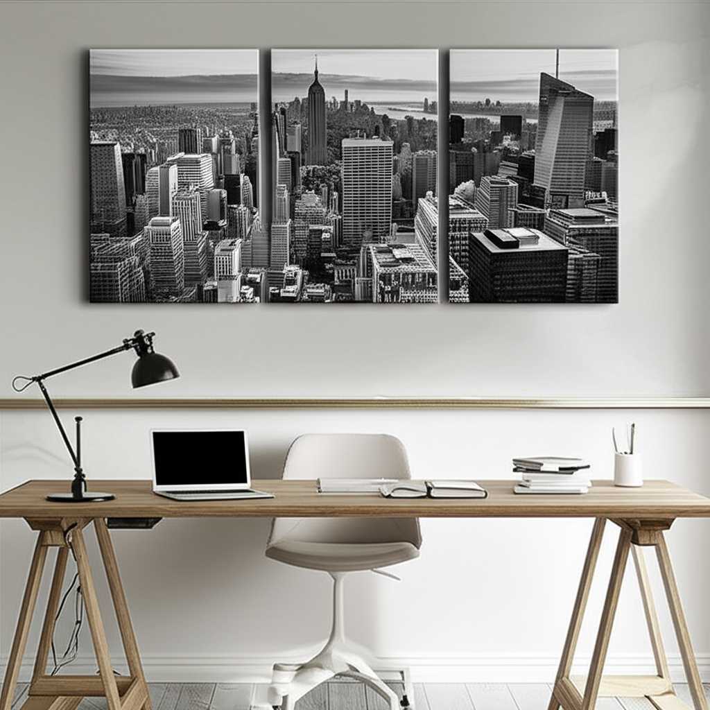 A chic home office with a triptych of metal prints featuring cityscapes above a minimalist desk.