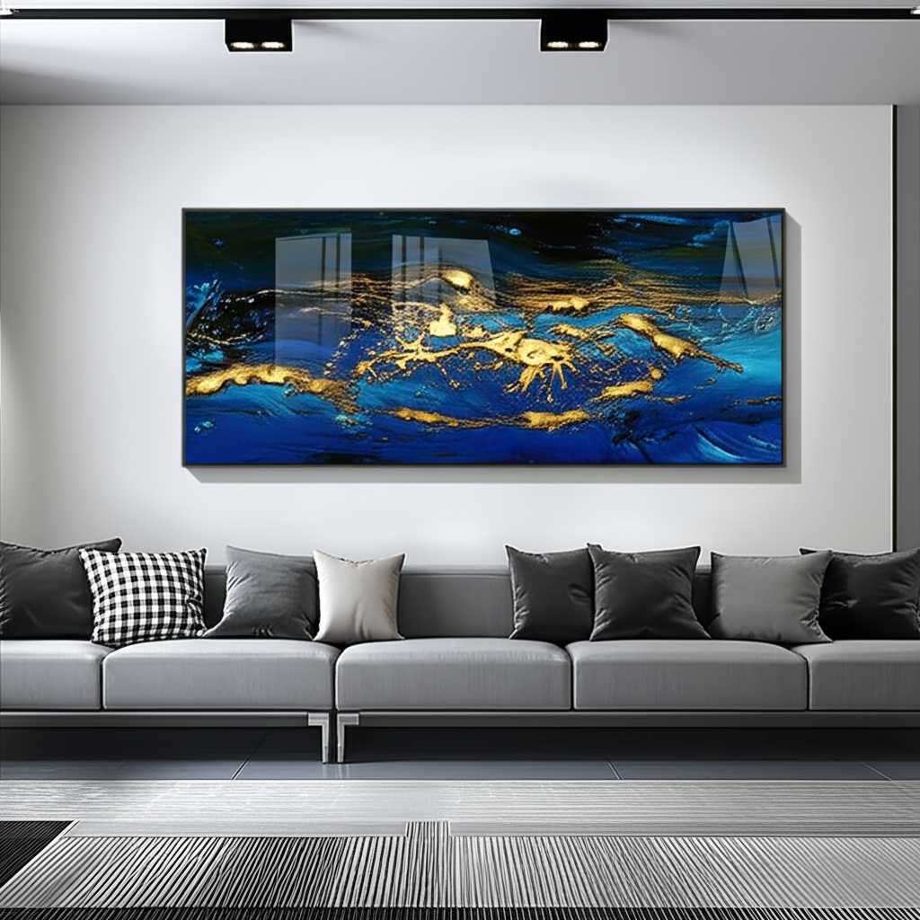 Stunning modern living room with a large, vibrant abstract metal print as the centerpiece above a sleek sofa, lighting accentuating its features.