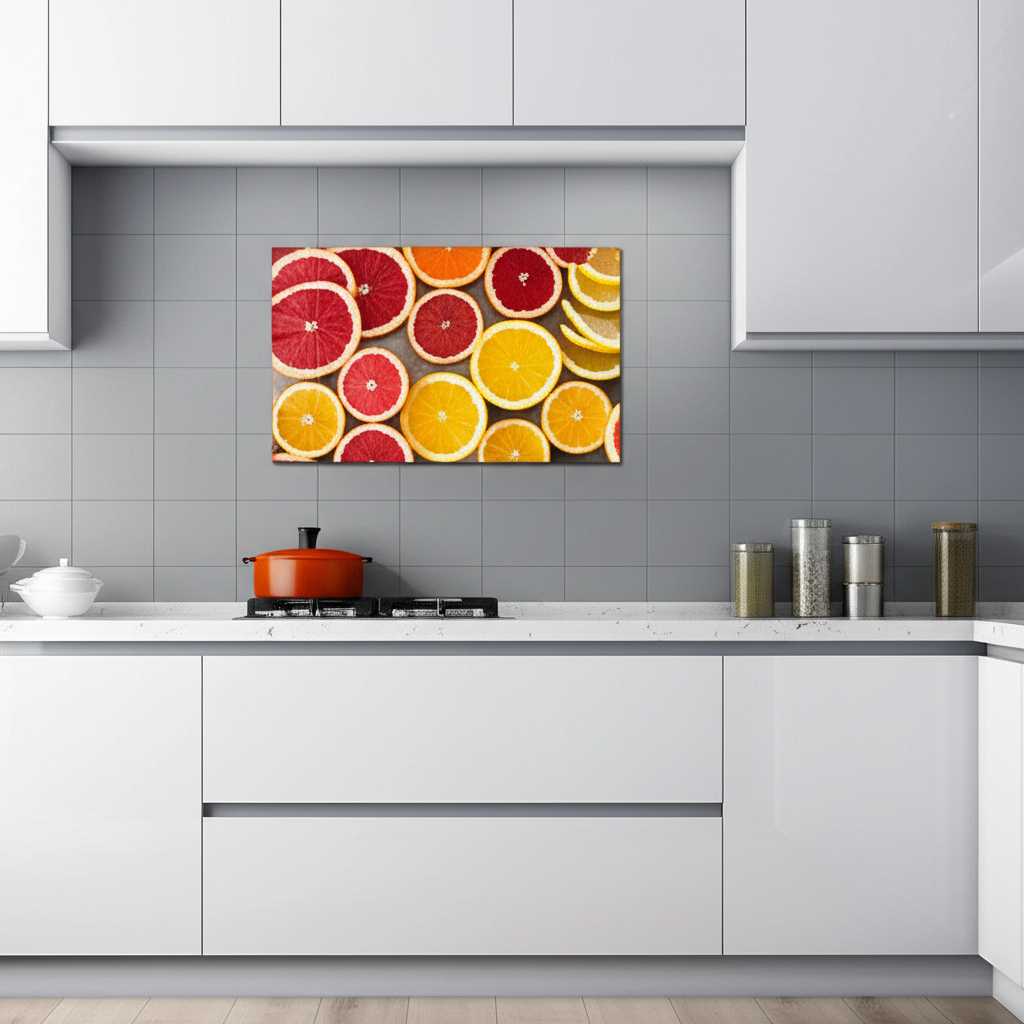 A stylish, modern kitchen with white marble countertops where a vibrant metal print of macro photography hangs on a tiled backsplash.