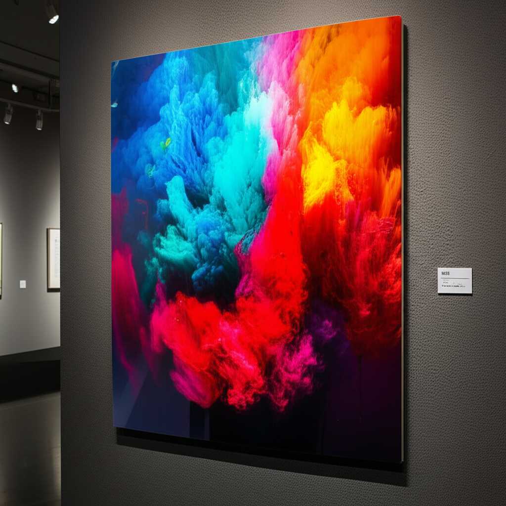Sophisticated art gallery with a vibrant abstract metal print featuring a highly glossy, reflective, acrylic-like surface