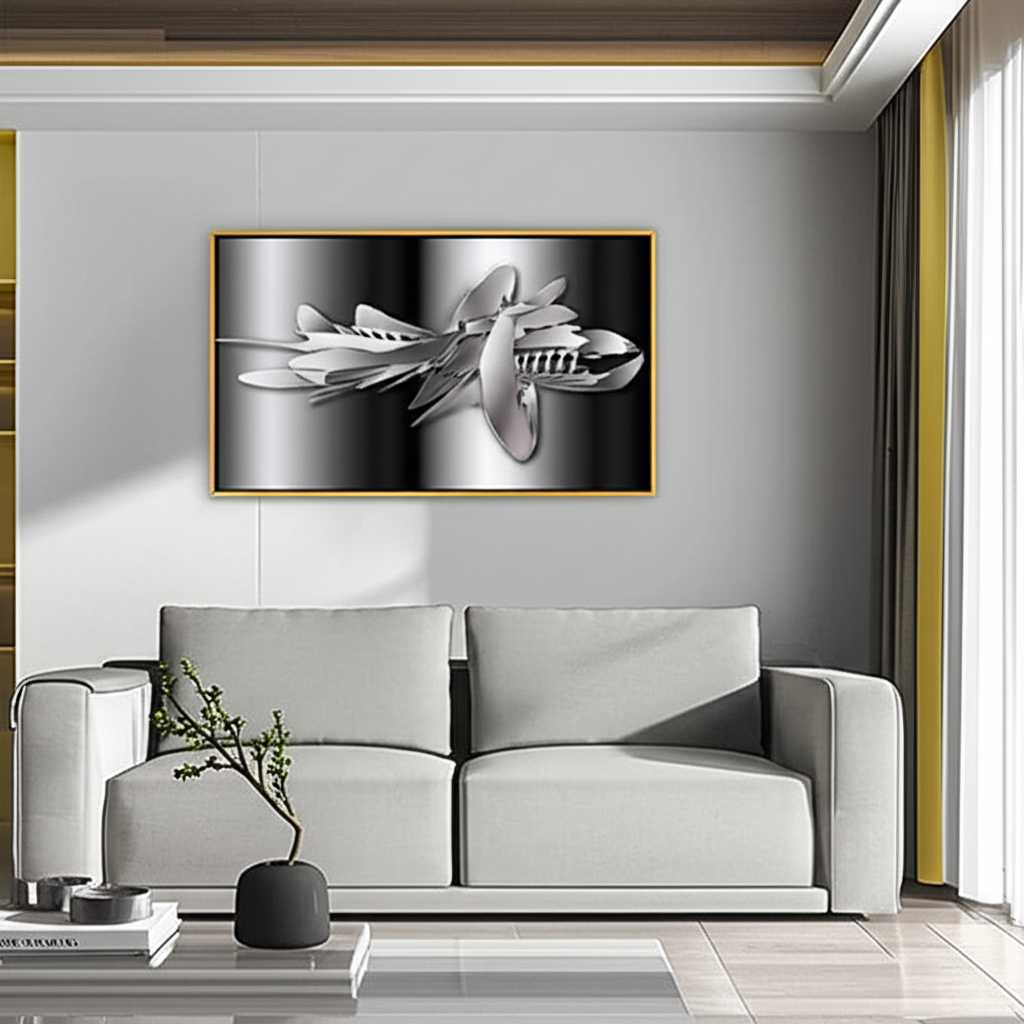 Stunning living room with a large, vibrant abstract metal art piece hung perfectly above a modern sofa, demonstrating a designer wall.