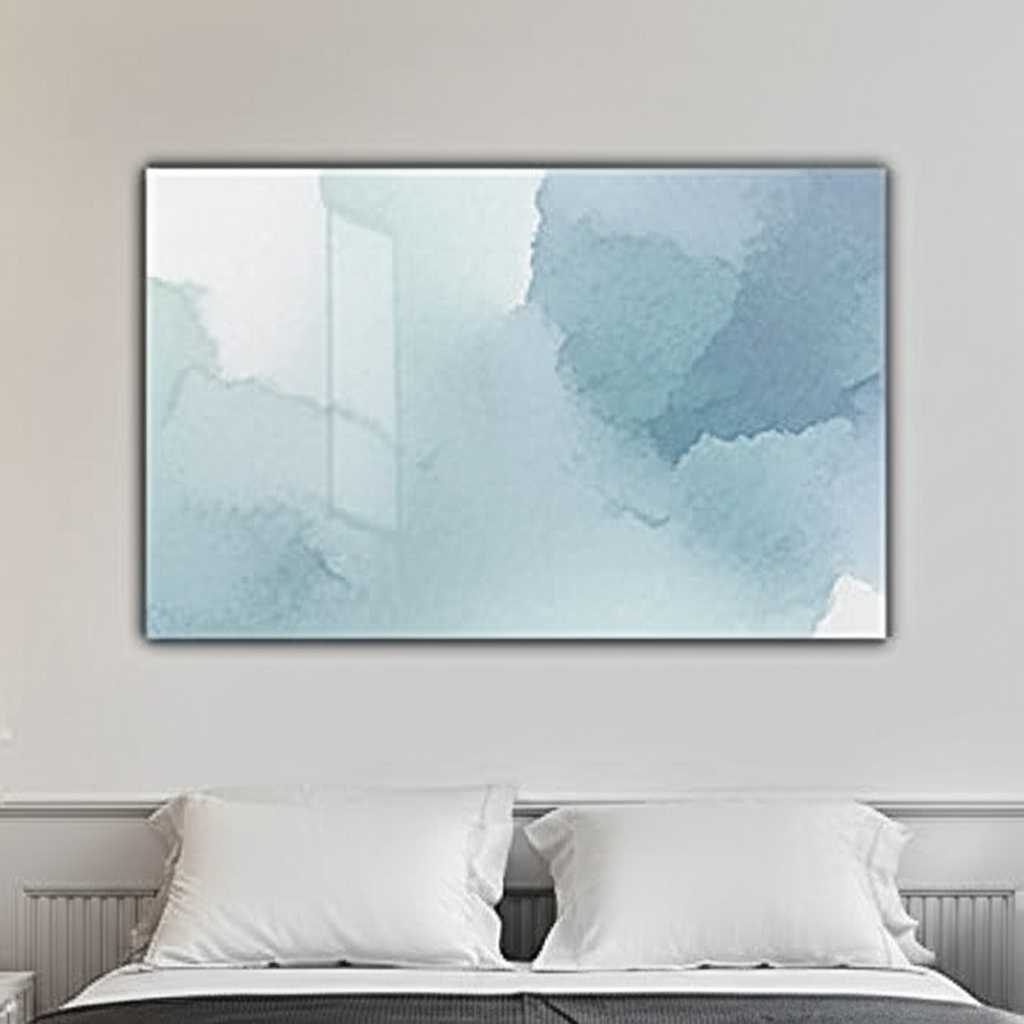 A calming abstract metal print hung above a bed in a serene bedroom.