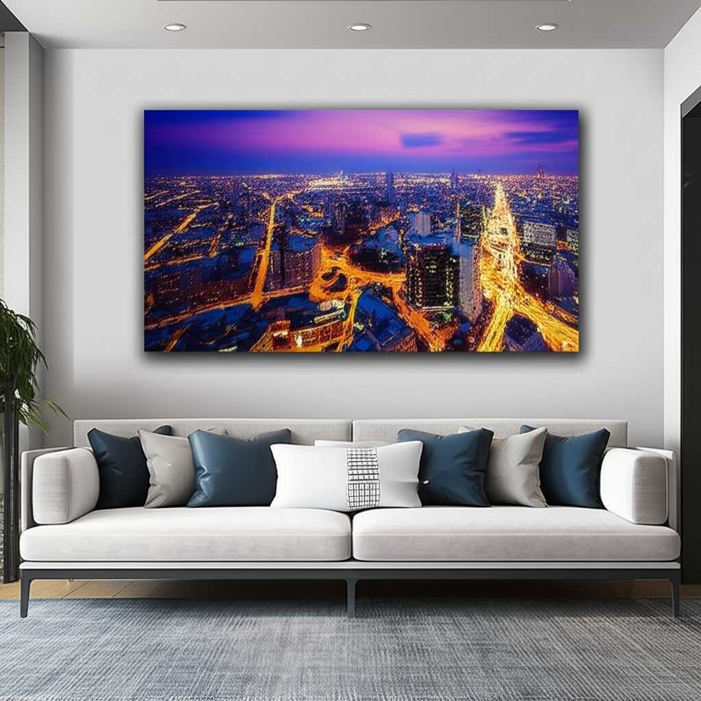 A stylish, contemporary living room where a large, impressive generic metal print depicting a dramatic cityscape at twilight hangs above a sectional sofa.
