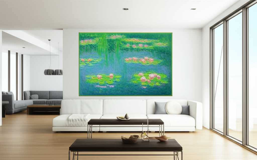 Elegant modern living room with a large Impressionist metal print as a focal point over a chic sofa