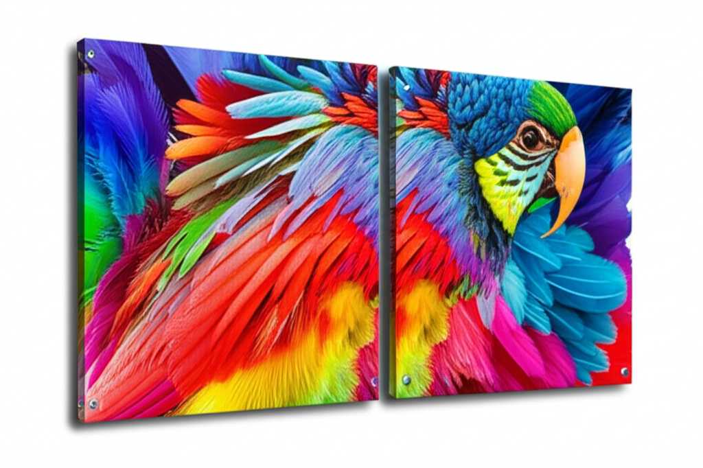 Artistic split image showing half a vibrant photo on glossy metal and half on matte canvas