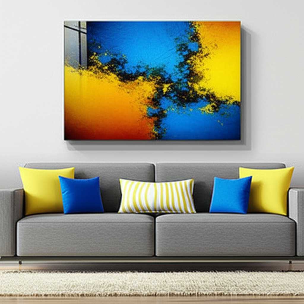 Modern living room with large abstract metal art