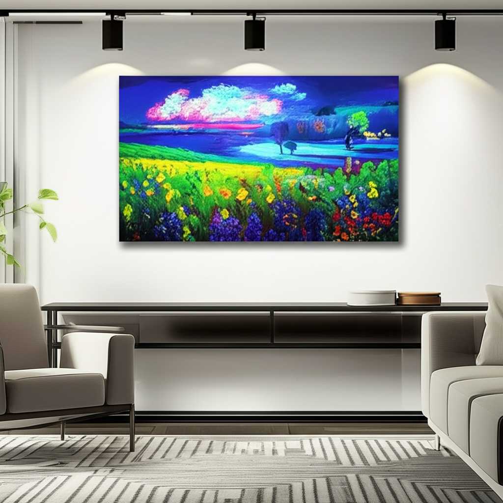 Elegant contemporary living room with neutral-toned furniture. A large, vibrant Impressionist-style landscape on a metal print is prominently displayed above a sleek console table, illuminated by subtle track lighting, showcasing its color depth and sheen. No people.