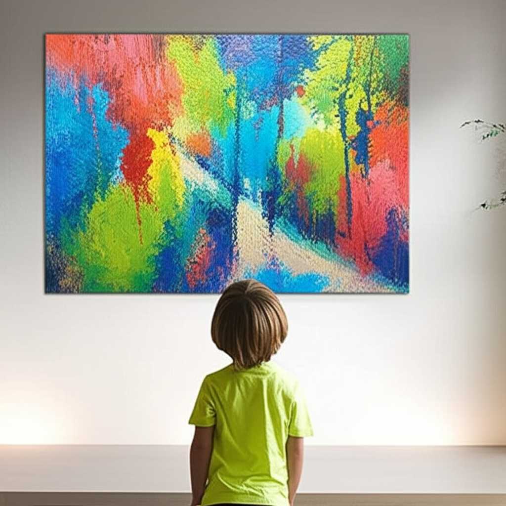Child looking thoughtfully at an Impressionist art print safely displayed on a wall