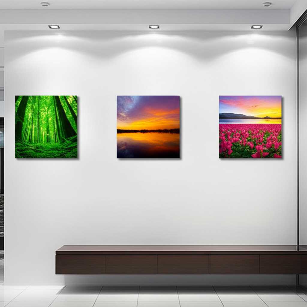 A triptych of metal prints showcasing nature photography with rich colors and detail, hung in a modern hallway.