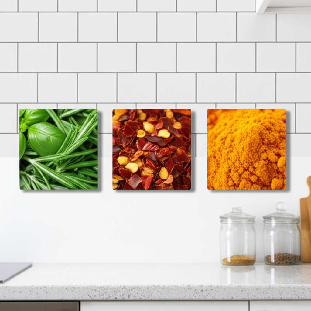 A collection of small, square metal prints of colorful herbs and spices arranged in a grid on a kitchen backsplash.
