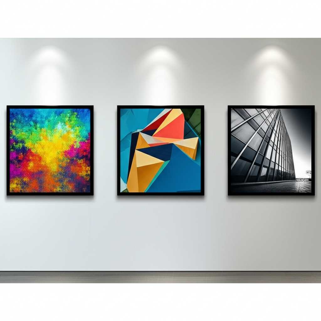 Gallery wall with diverse art styles (impressionist, abstract, photo) all presented as generic metal prints